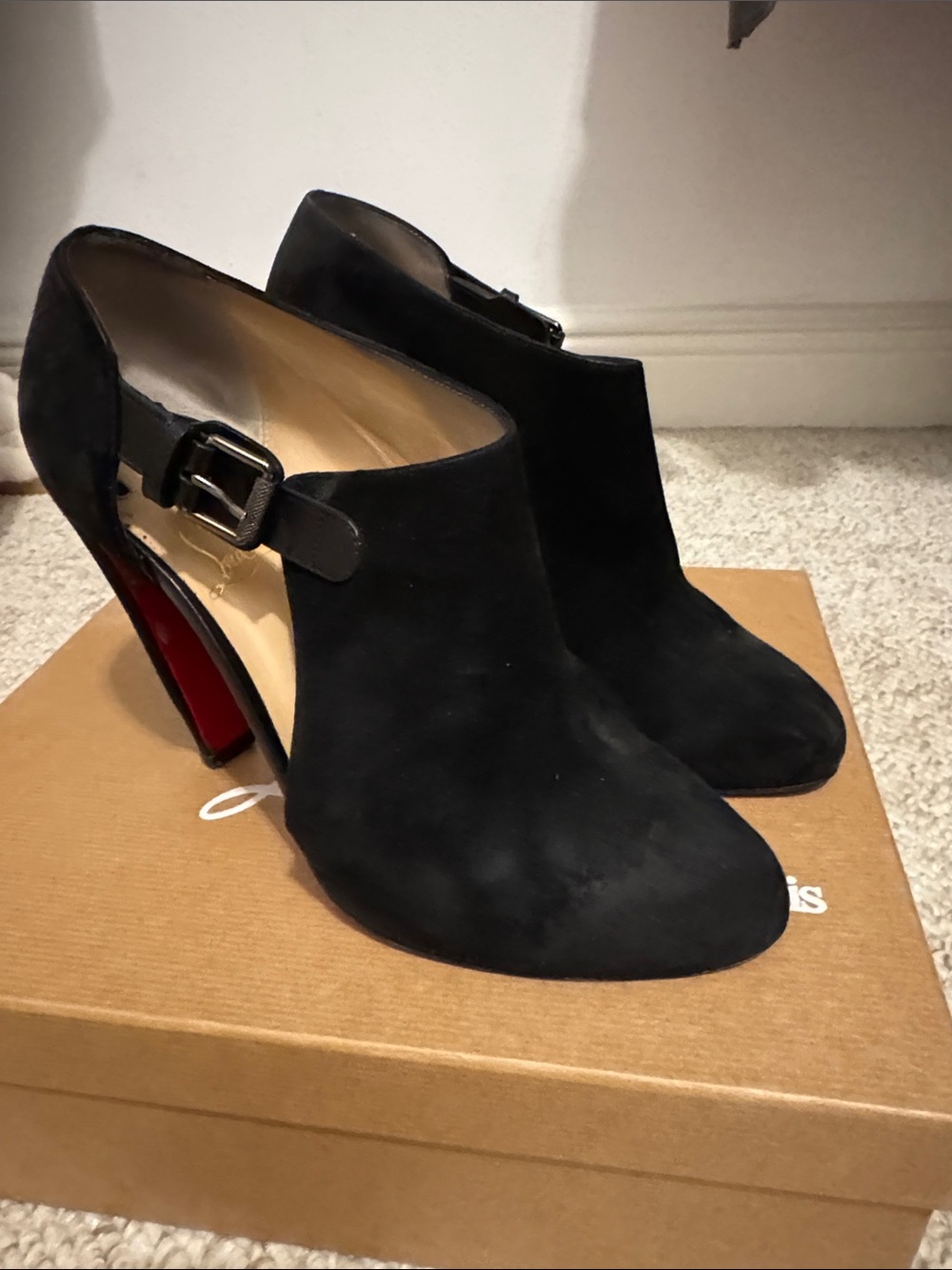 Christian Louboutin Black Suede Pointed Ankle Pumps with Buckle Strap women 39